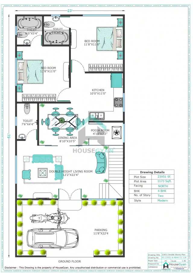 23X51 North Facing 4BHK First Floor House Plan | 1173 Sqft Plot Floor Plan