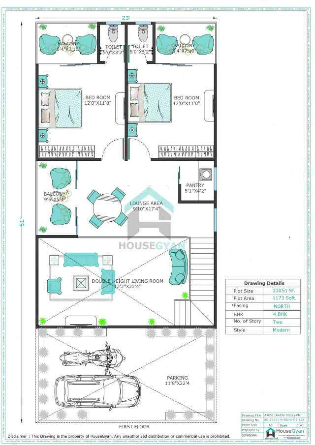 23X51 North Facing 4BHK First Floor House Plan | 1173 Sqft Plot Floor Plan