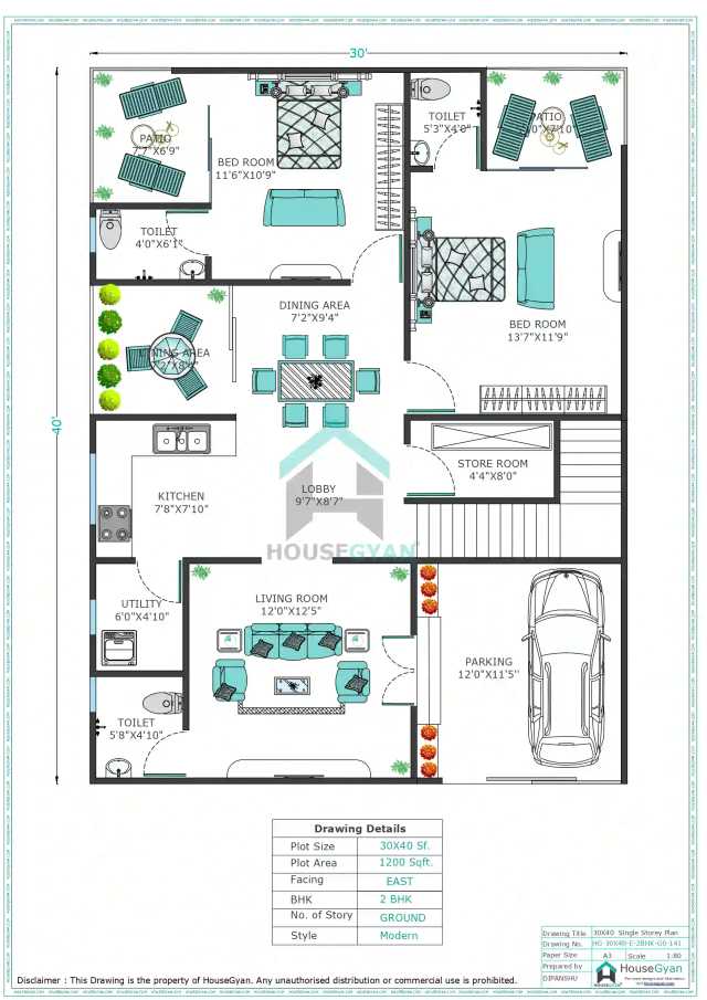 30x40 House Floor Plan 2 Bedroom 2 Bath 30x40 = 1200 Sqft I 4bedroom
