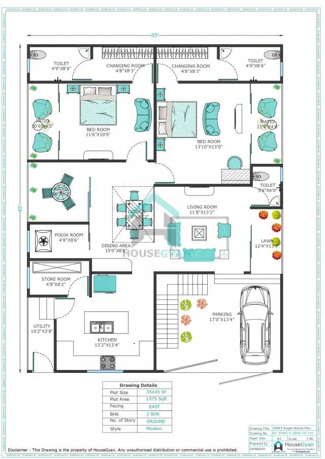35X45 East Facing 2BHK Ground Floor House Plan