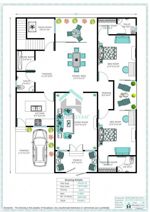 35X45 East Facing 2BHK Ground Floor House Plan