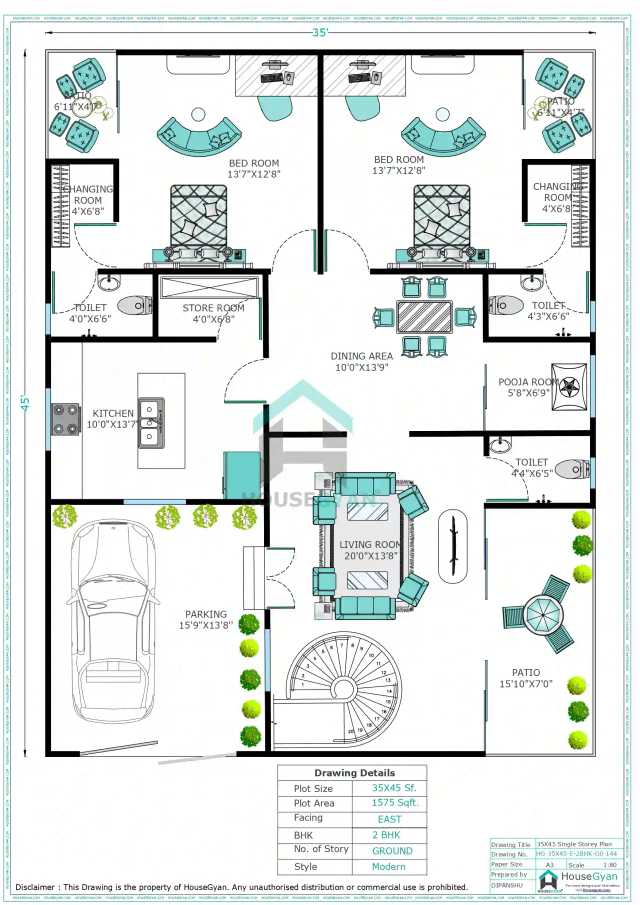 35X45 East Facing 2BHK Ground Floor House Plan | 1575 Sqft Plot Floor Plan