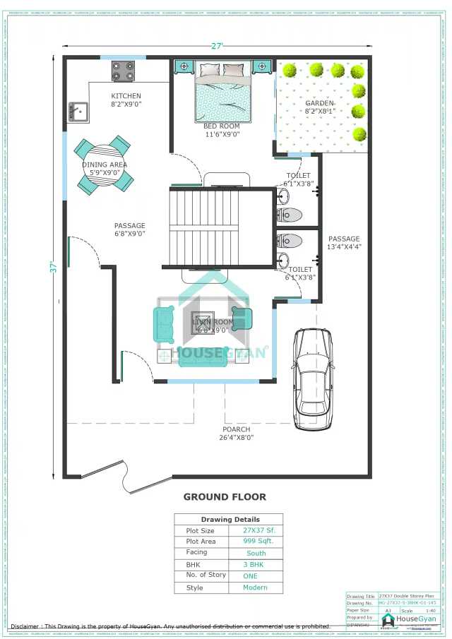 27X37 South Facing 3BHK First Floor House Plan