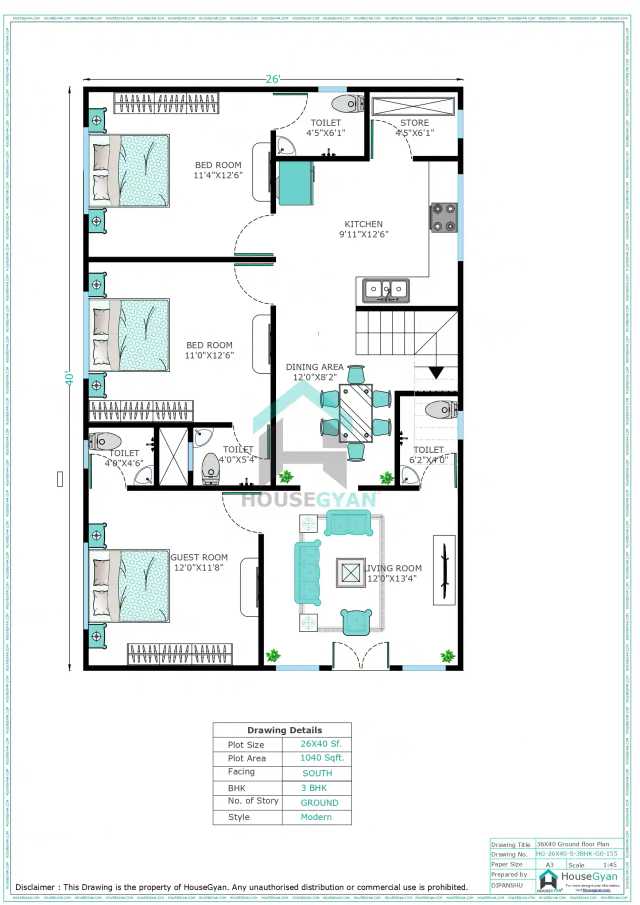 26X40 South Facing 3BHK Ground Floor House Plan