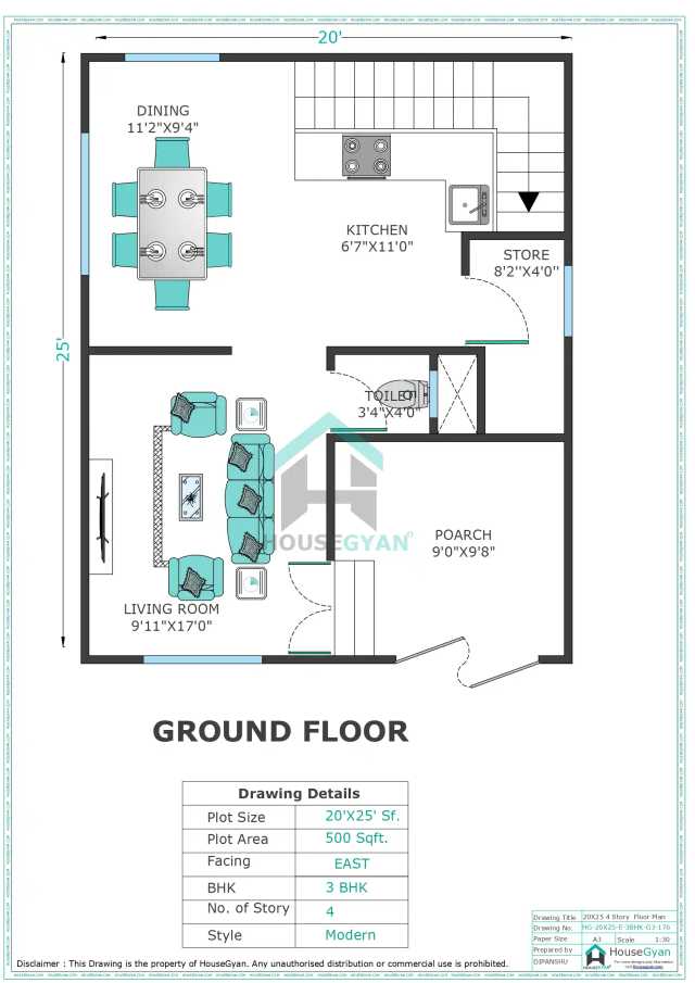 20X25 East Facing 3BHK Third Floor House Plan