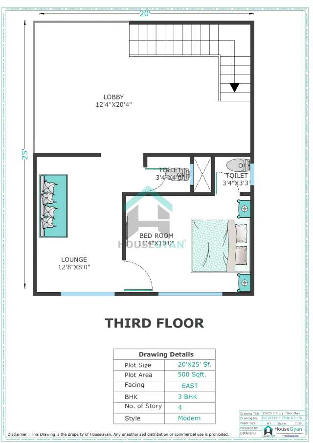 20X25 East Facing 3BHK Third Floor House Plan | 500 Sqft Plot Floor Plan