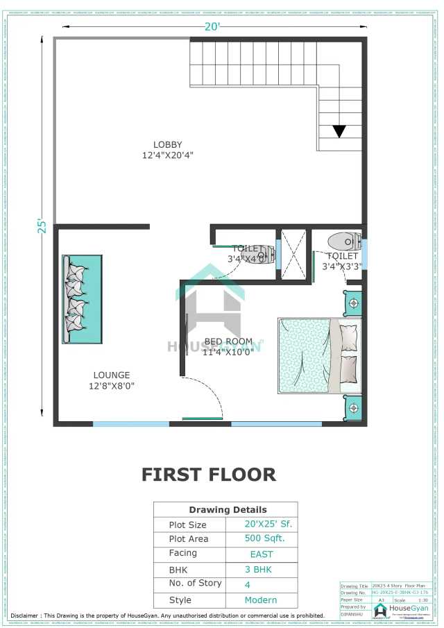 20X25 East Facing 3BHK Third Floor House Plan | 500 Sqft Plot Floor Plan
