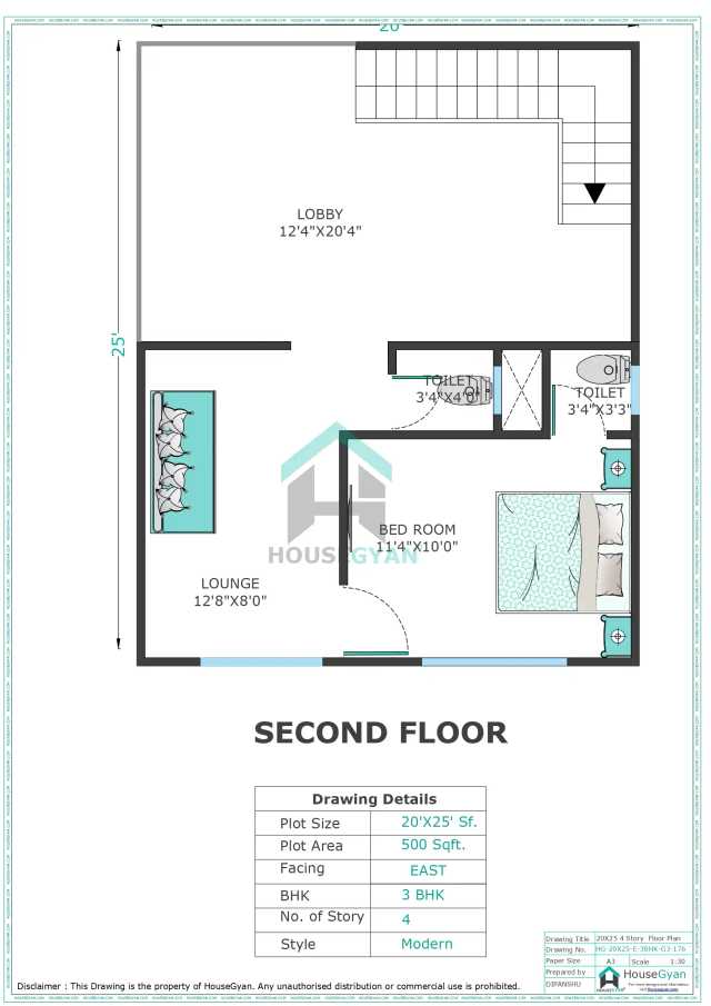 20X25 East Facing 3BHK Third Floor House Plan | 500 Sqft Plot Floor Plan