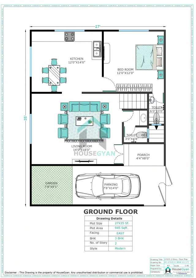 27X35 East Facing 3BHK First Floor House Plan