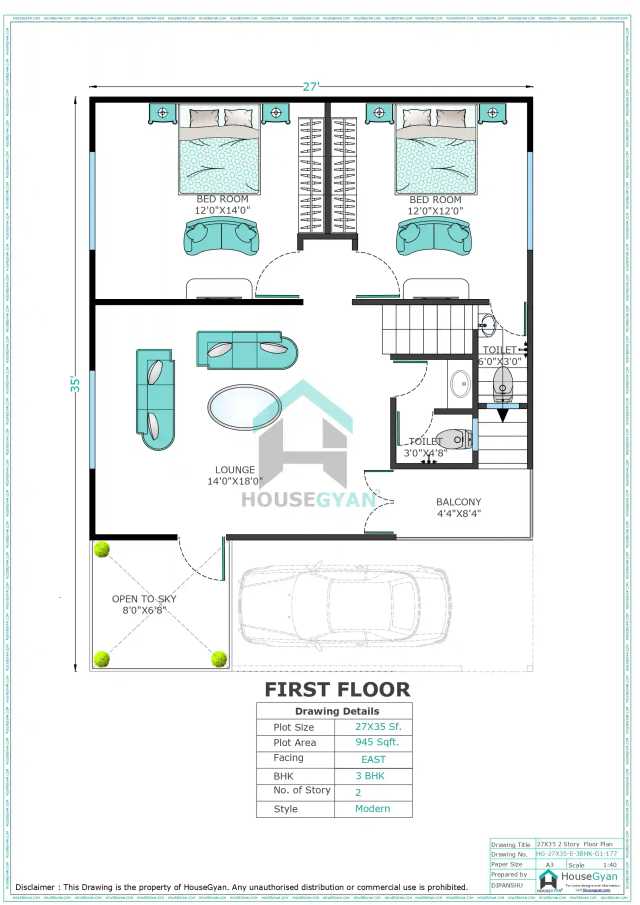 27X35 East Facing 3BHK First Floor House Plan | 945 Sqft Plot Floor Plan