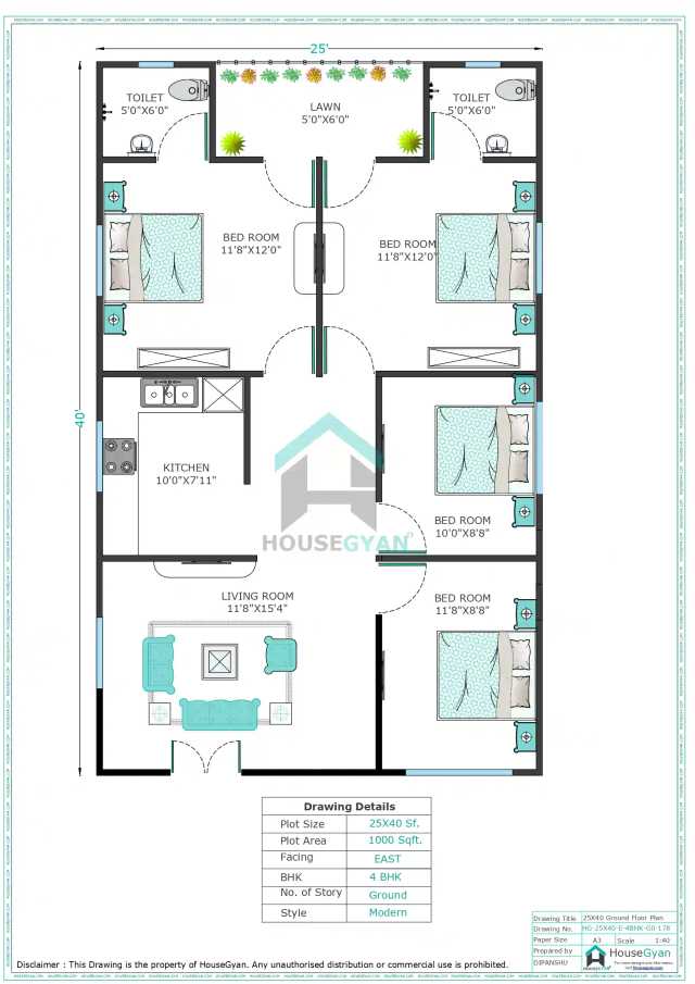 25X40 East Facing 4BHK Ground Floor House Plan