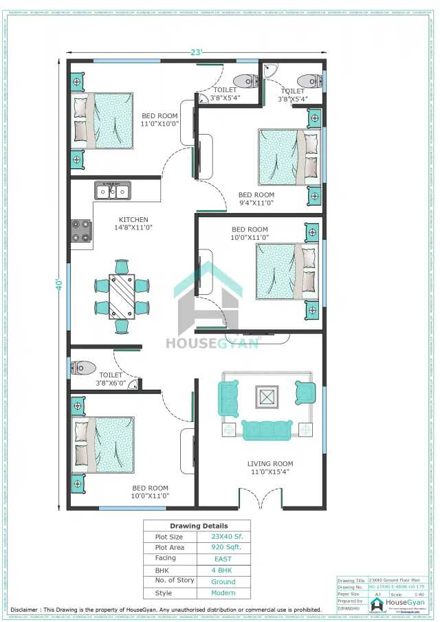 23X40 East Facing 4BHK Ground Floor House Plan
