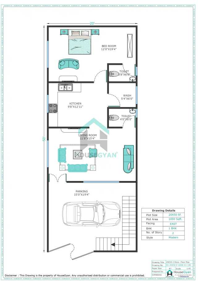 20X50 East Facing 1BHK First Floor House Plan