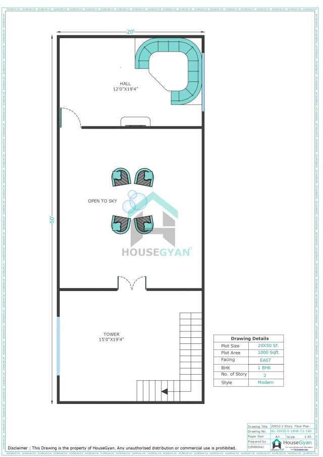 20X50 East Facing 1BHK First Floor House Plan | 1000 Sqft Plot Floor Plan