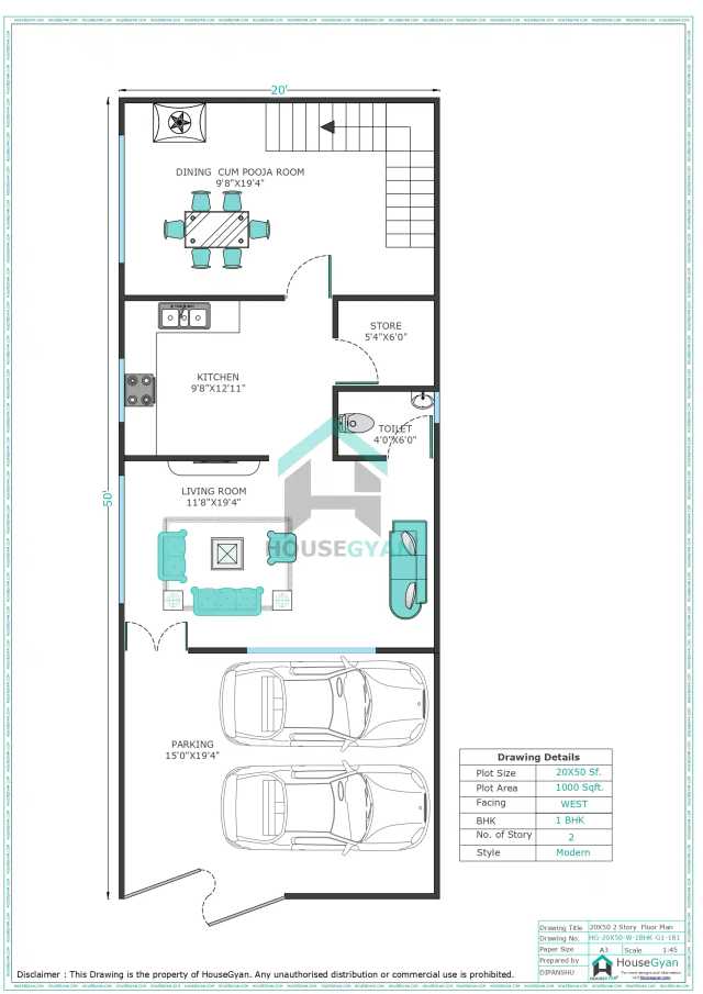 20X50 West Facing 1BHK First Floor House Plan