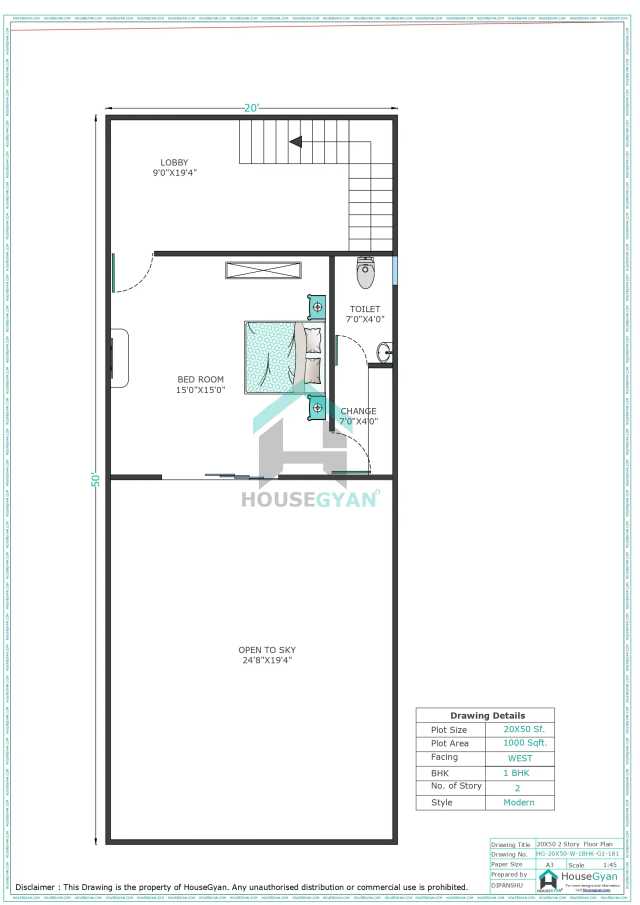 20X50 West Facing 1BHK First Floor House Plan | 1000 Sqft Plot Floor Plan