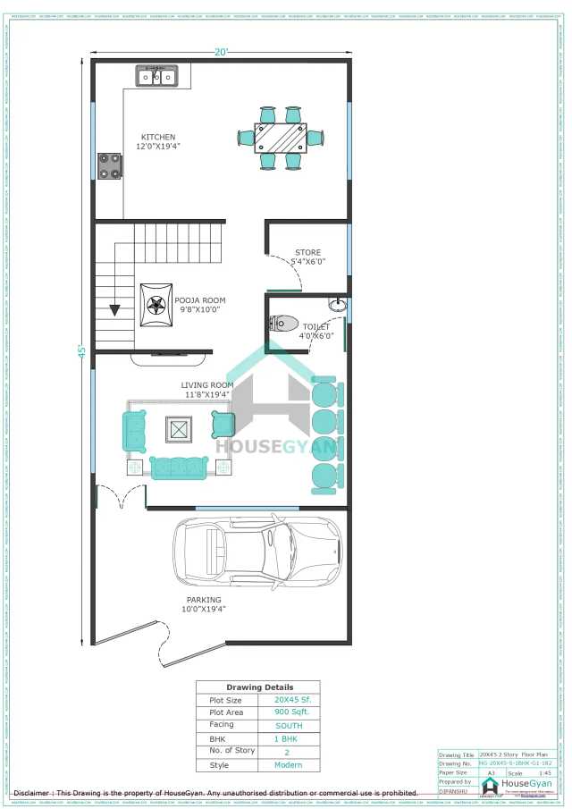 20X45 South Facing 1BHK First Floor House Plan