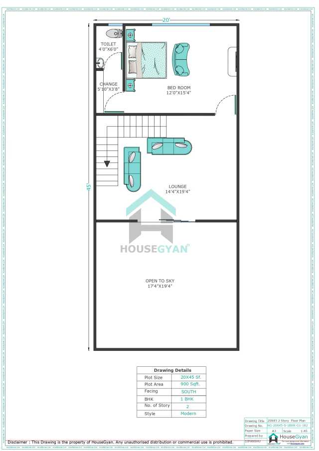 20X45 South Facing 1BHK First Floor House Plan | 900 Sqft Plot Floor Plan