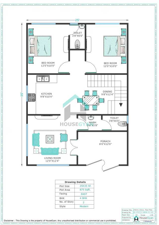 25X35 East Facing 4BHK First Floor House Plan