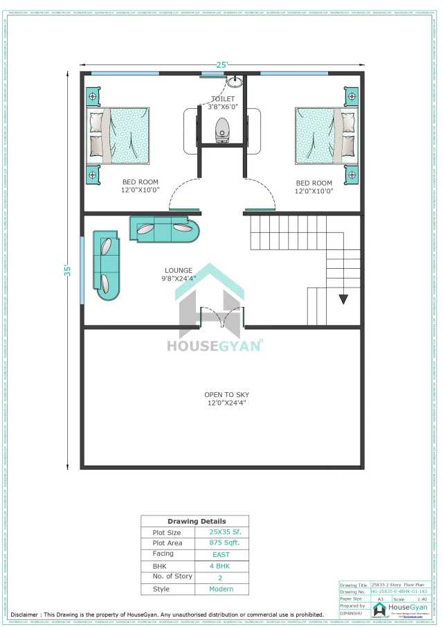 25X35 East Facing 4BHK First Floor House Plan | 875 Sqft Plot Floor Plan