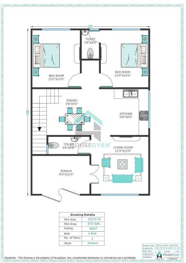 25X35 West Facing 4BHK First Floor House Plan