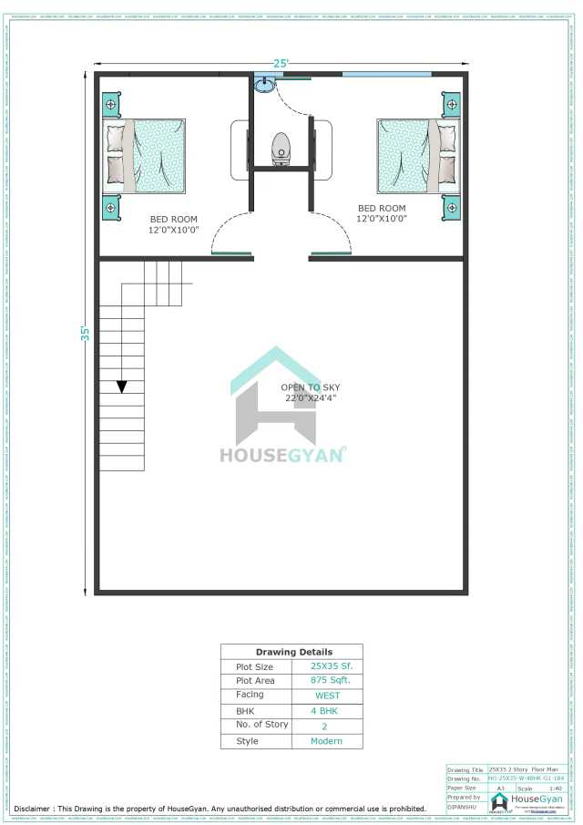 25X35 West Facing 4BHK First Floor House Plan | 875 Sqft Plot Floor Plan
