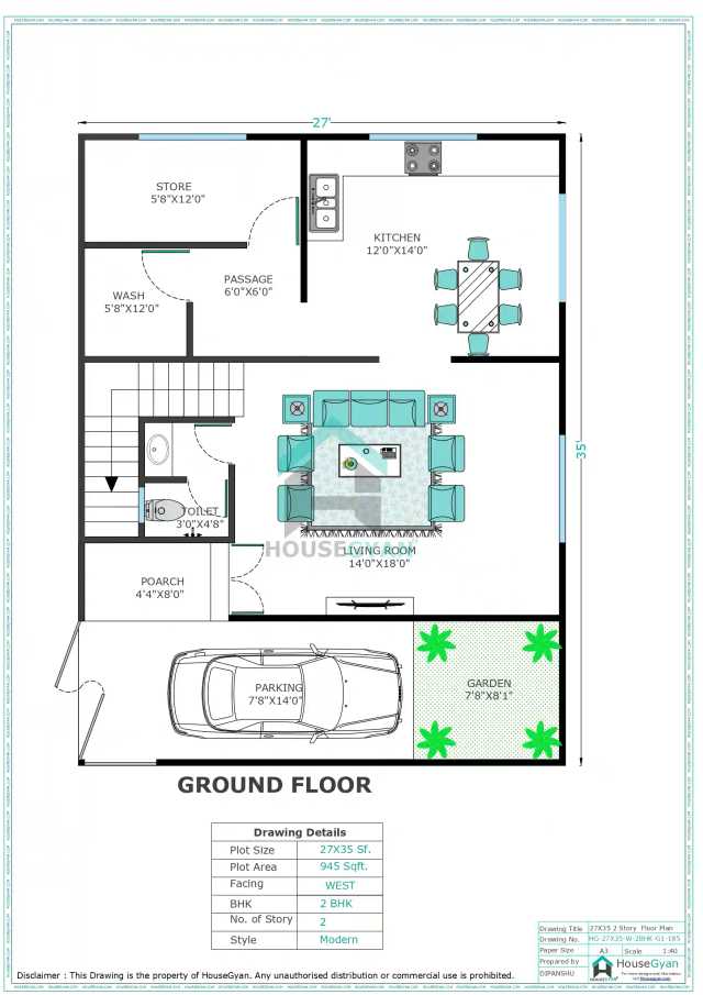27X35 West Facing 2BHK First Floor House Plan