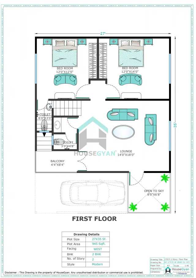 27X35 West Facing 2BHK First Floor House Plan | 945 Sqft Plot Floor Plan