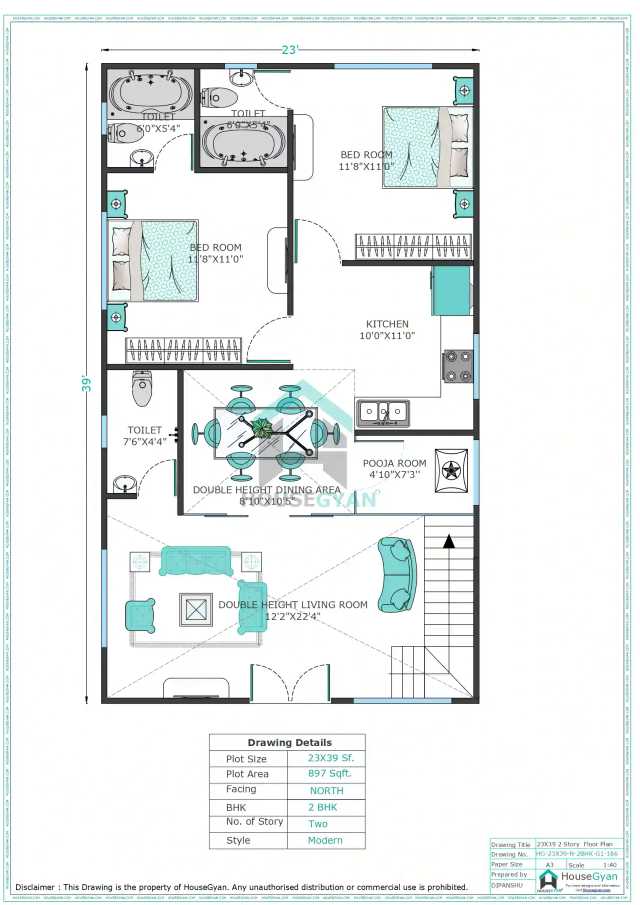 23X39 North Facing 2BHK First Floor House Plan