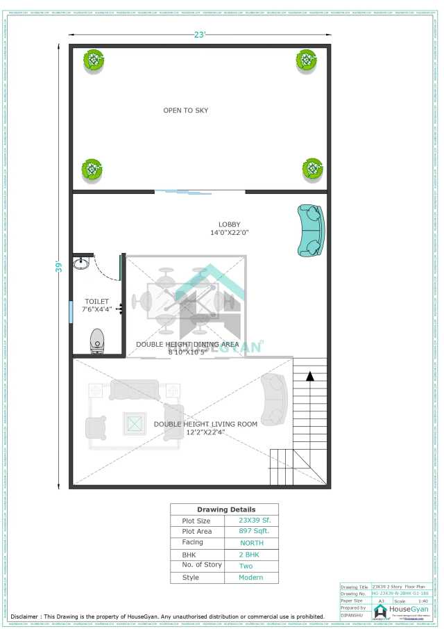 23X39 North Facing 2BHK First Floor House Plan | 897 Sqft Plot Floor Plan