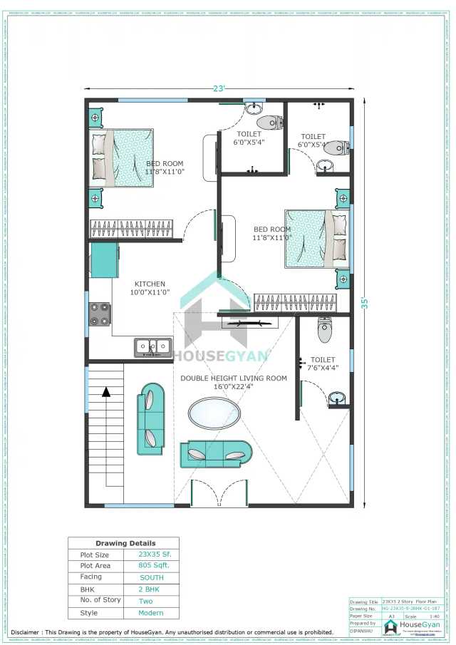 23X35 South Facing 2BHK First Floor House Plan