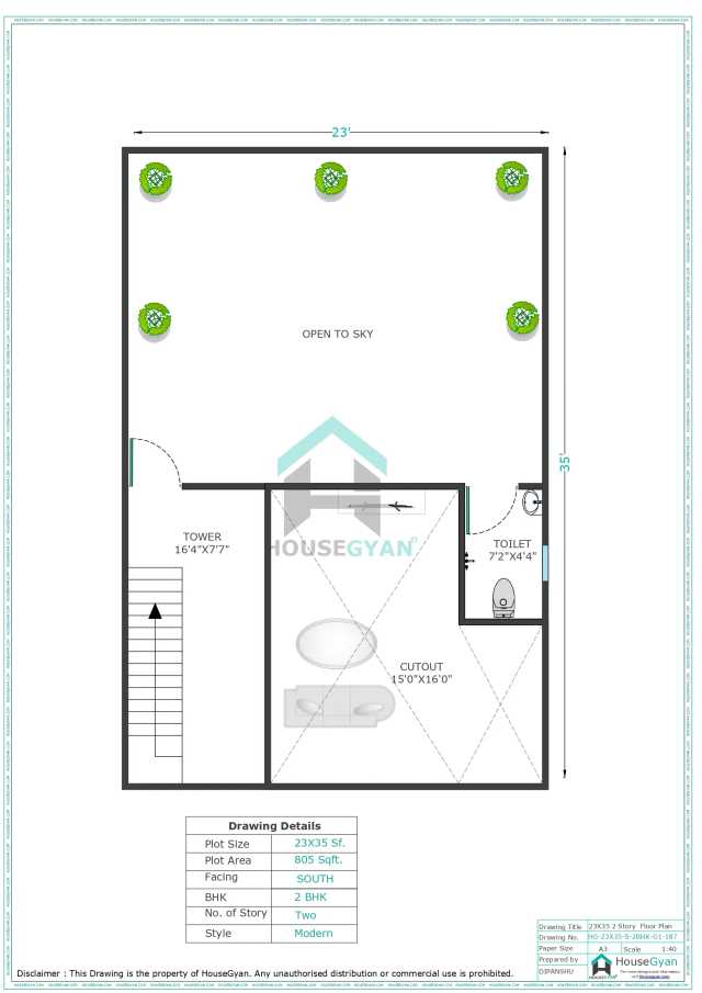 23X35 South Facing 2BHK First Floor House Plan | 805 Sqft Plot Floor Plan
