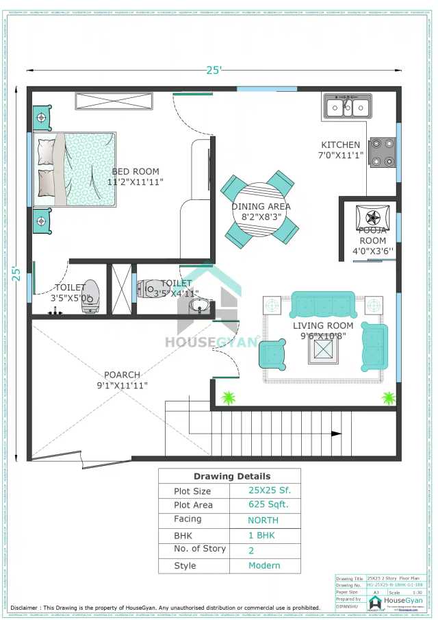 25X25 North Facing 1BHK First Floor House Plan