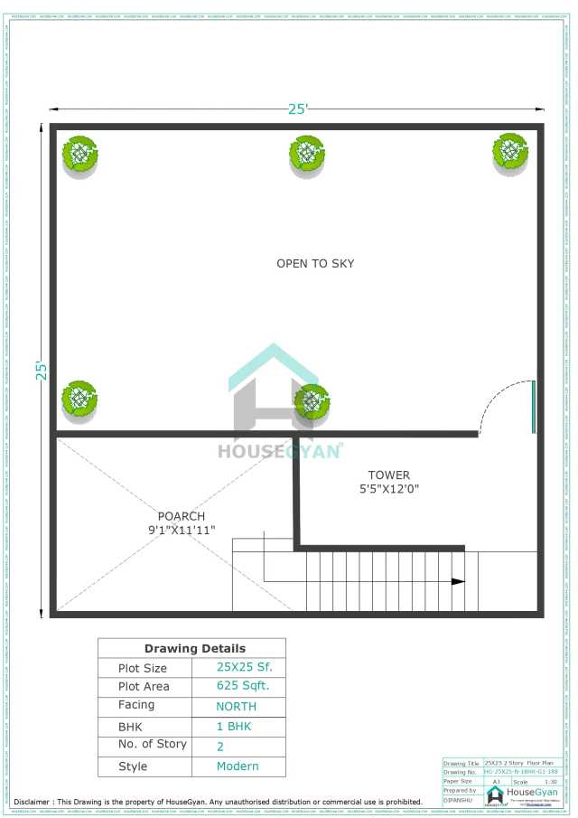 25X25 North Facing 1BHK First Floor House Plan | 625 Sqft Plot Floor Plan