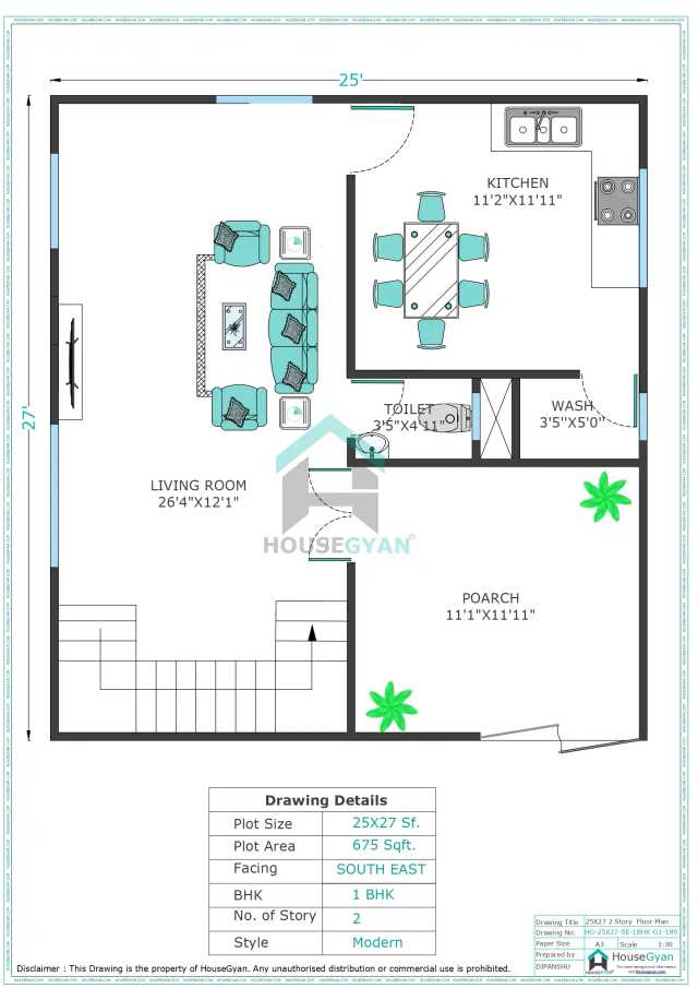 25X27 South East Facing 1BHK First Floor House Plan