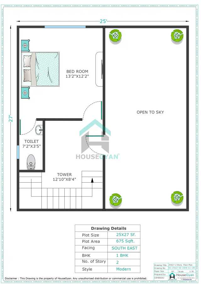 25X27 South East Facing 1BHK First Floor House Plan | 675 Sqft Plot Floor Plan