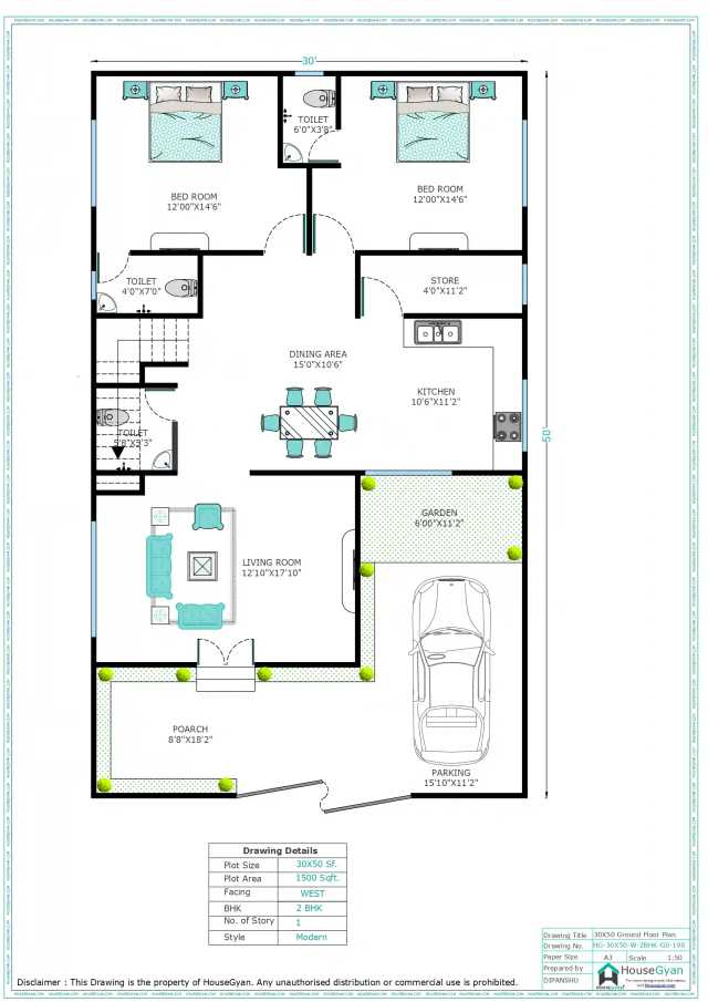 30X50 West Facing 2BHK Ground Floor House Plan