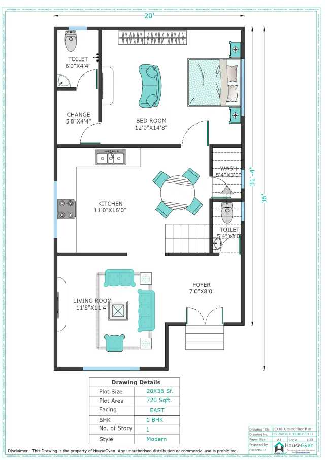 20X36 East Facing 1BHK Ground Floor House Plan