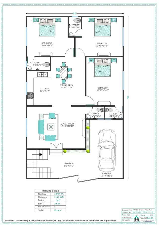30X50 East Facing 3BHK Ground Floor House Plan