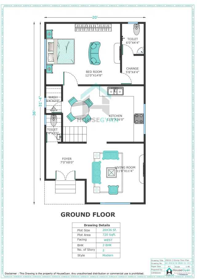 20X36 West Facing 2BHK First Floor House Plan