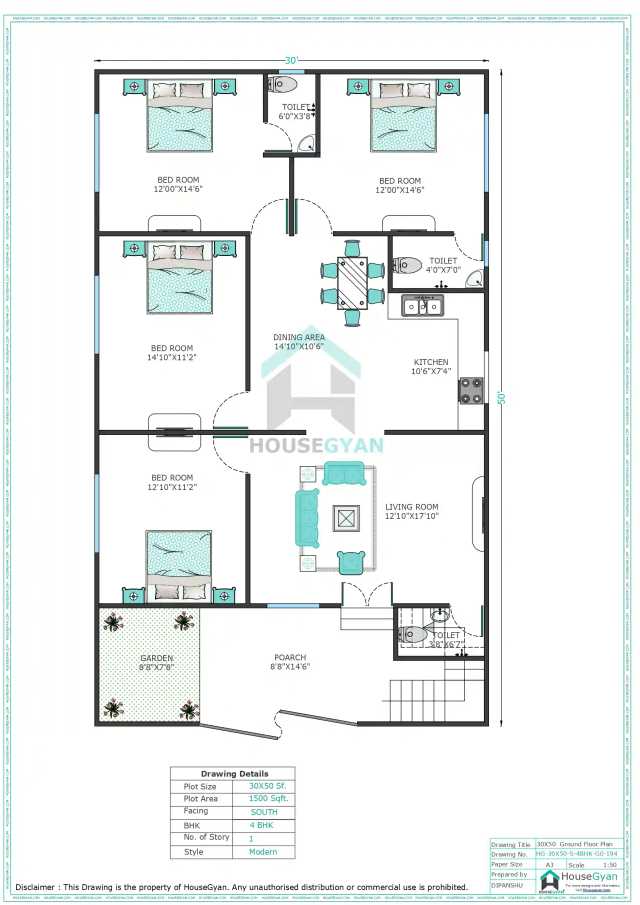 30X50 South Facing 4BHK Ground Floor House Plan