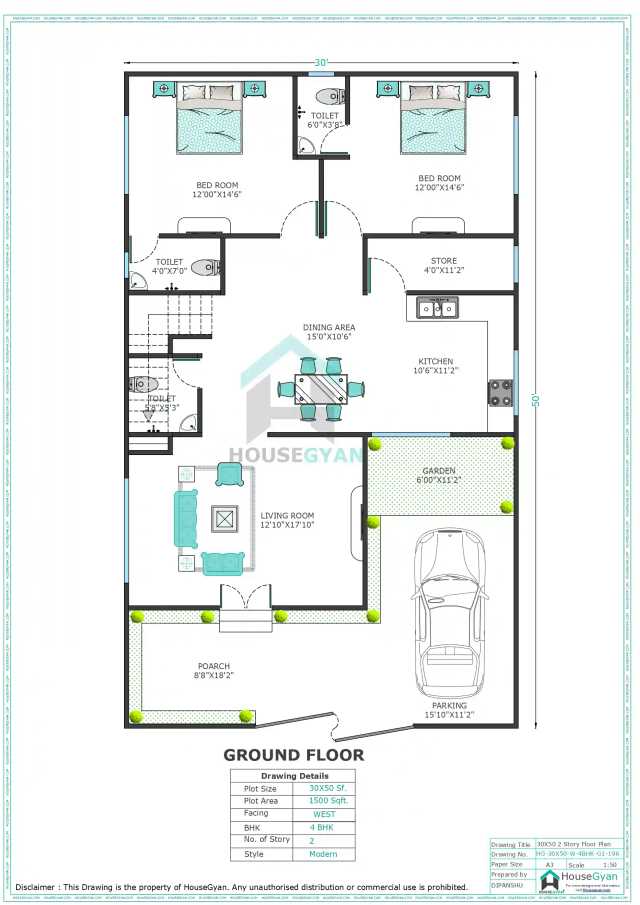 30X50 West Facing 4BHK First Floor House Plan