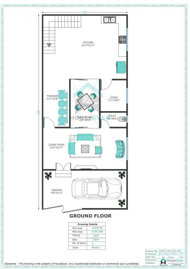 22X50 East Facing 2BHK First Floor House Plan