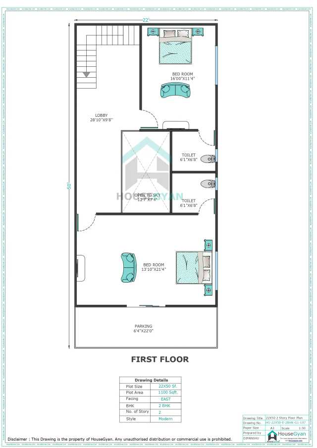 22X50 East Facing 2BHK First Floor House Plan | 1100 Sqft Plot Floor Plan