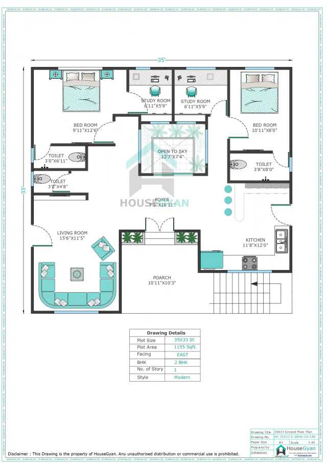 35X33 East Facing 2BHK Ground Floor House Plan