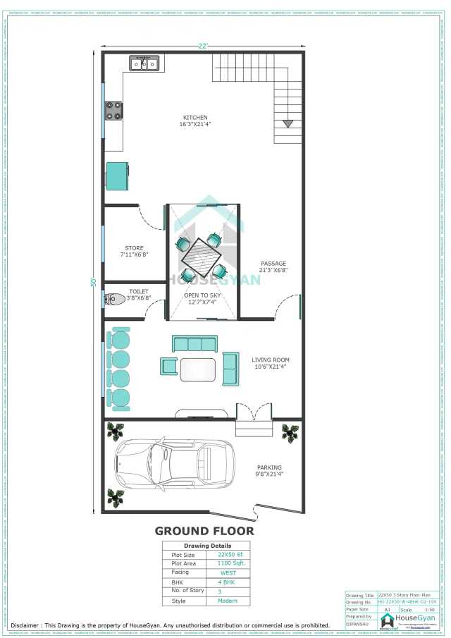 22X50 West Facing 4BHK Second Floor House Plan