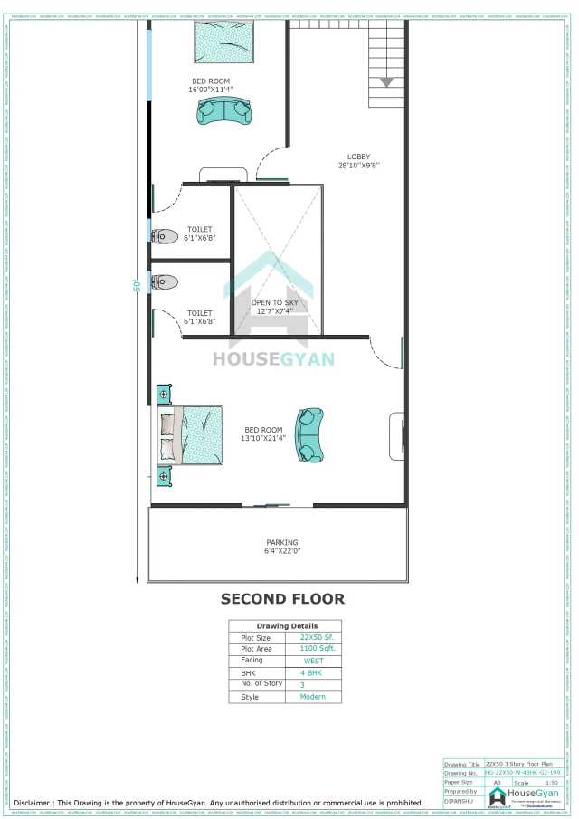 22X50 West Facing 4BHK Second Floor House Plan | 1100 Sqft Plot Floor Plan