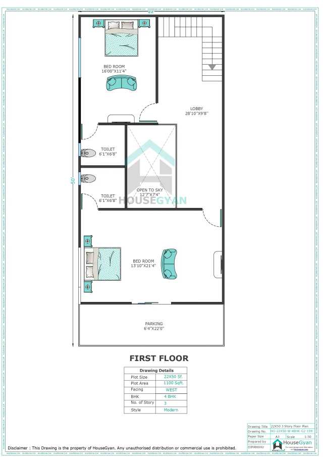 22X50 West Facing 4BHK Second Floor House Plan | 1100 Sqft Plot Floor Plan