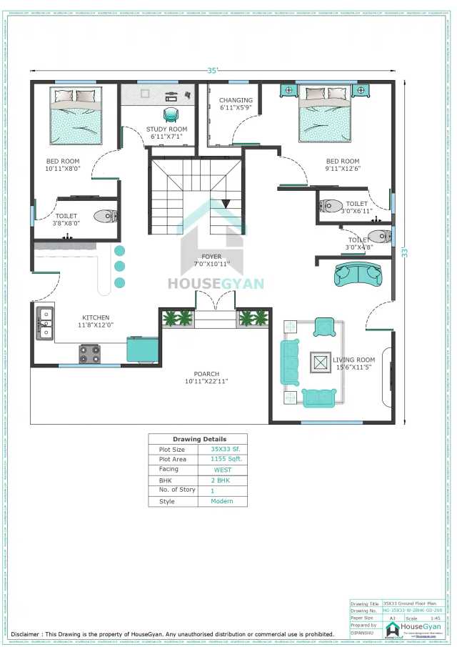 35X33 West Facing 2BHK Ground Floor House Plan
