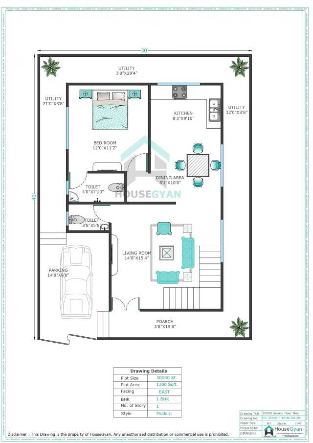 30X40 East Facing 1BHK Ground Floor House Plan